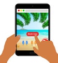 Booking online concept for vacation sea. Resort scene on tablet screen. Hands hold the tablet. Royalty Free Stock Photo